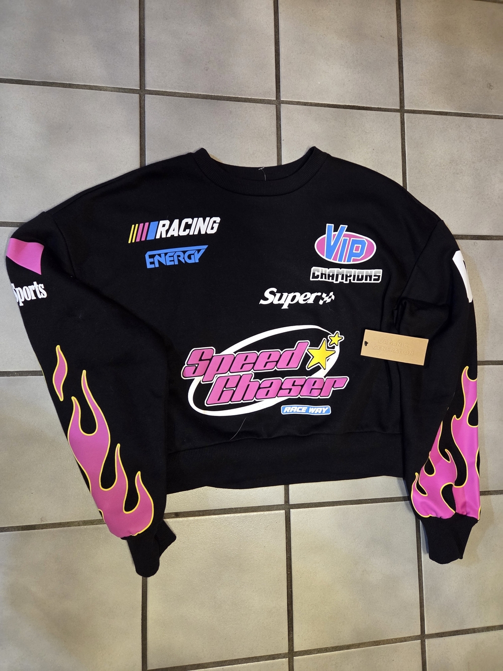 Black Speed Chaser Graphic Crewneck Sweatshirt By Organic Generation Flame Sleev